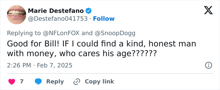 Tweet about age gap joke with Snoop Dogg and Bill Belichick's girlfriend, expressing support for Bill's relationship. Tweet about age gap joke with Snoop Dogg and Bill Belichick's girlfriend, expressing support for Bill's relationship.