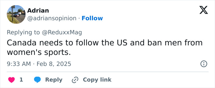 Tweet by Adrian discussing transgender inclusion in women's sports. Tweet by Adrian discussing transgender inclusion in women's sports.