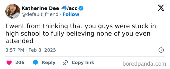 Tweet humorously questioning the high school experience, conveying an unhinged perspective.