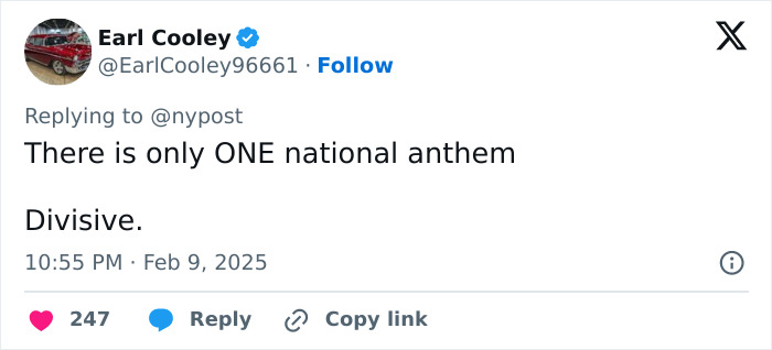 Tweet criticizing a controversial national anthem performance at Super Bowl LIX, calling it divisive. Tweet criticizing a controversial national anthem performance at Super Bowl LIX, calling it divisive.