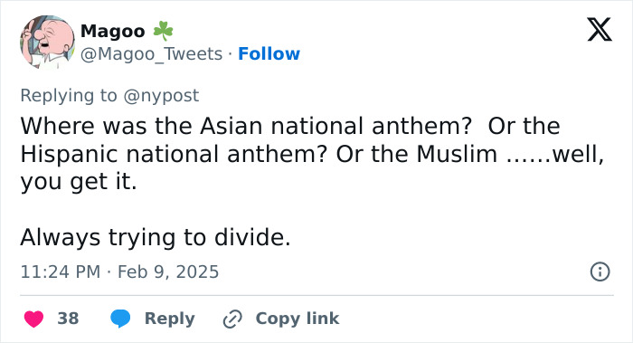 Tweet discussing divisive national anthem selection, mentioning Asian, Hispanic, Muslim. Tweet discussing divisive national anthem selection, mentioning Asian, Hispanic, Muslim.