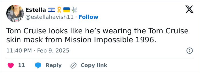 Tweet by user commenting on Tom Cruise's stretched face in Super Bowl 2025 ad. Tweet by user commenting on Tom Cruise's stretched face in Super Bowl 2025 ad.