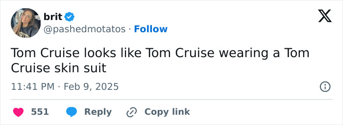 Tweet humorously commenting on Tom Cruise's appearance in Super Bowl 2025 ad. Tweet humorously commenting on Tom Cruise's appearance in Super Bowl 2025 ad.