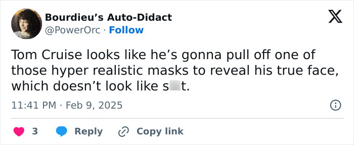 Social media post humorously discussing Tom Cruise's appearance in Super Bowl 2025 ad. Social media post humorously discussing Tom Cruise's appearance in Super Bowl 2025 ad.