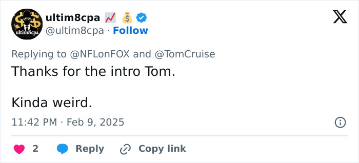 Tweet reaction to Tom Cruise's appearance in Super Bowl 2025 ad, calling it "kinda weird. Tweet reaction to Tom Cruise's appearance in Super Bowl 2025 ad, calling it "kinda weird.