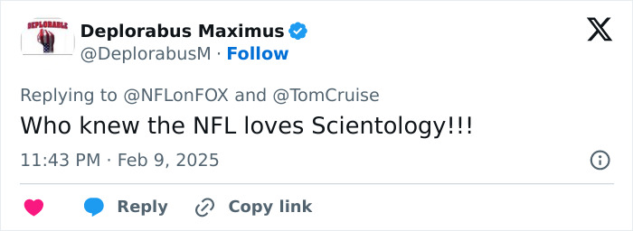 Tweet referencing Tom Cruise, mentioning NFL and Scientology, posted by user "Deplorabus Maximus". Tweet referencing Tom Cruise, mentioning NFL and Scientology, posted by user "Deplorabus Maximus".