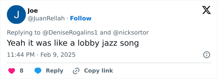 Tweet by Joe comparing Super Bowl LIX national anthem to a lobby jazz song. Tweet by Joe comparing Super Bowl LIX national anthem to a lobby jazz song.