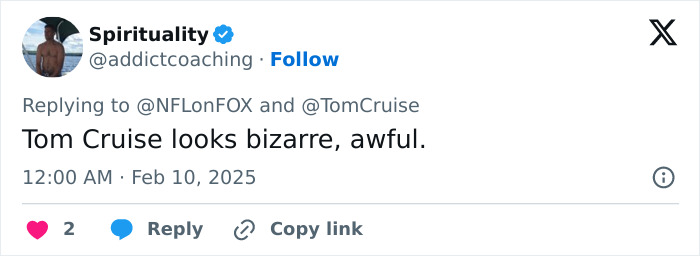 Tweet mentioning Tom Cruise looking bizarre during a Super Bowl 2025 ad, posted by a user with an avatar. Tweet mentioning Tom Cruise looking bizarre during a Super Bowl 2025 ad, posted by a user with an avatar.
