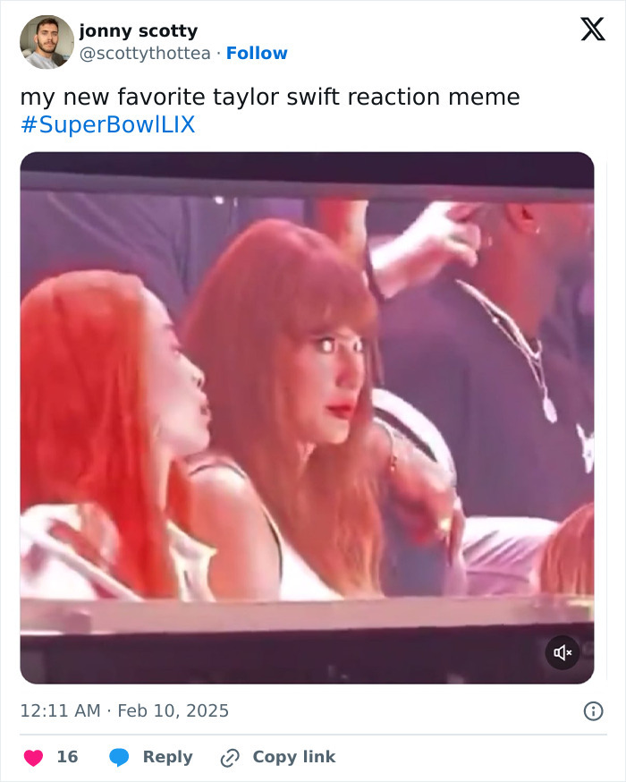Taylor Swift reaction meme, surprised look during Super Bowl event. Taylor Swift reaction meme, surprised look during Super Bowl event.