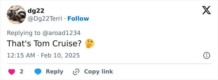 Tweet questioning Tom Cruise's appearance, with a thinking emoji, dated February 10, 2025. Tweet questioning Tom Cruise's appearance, with a thinking emoji, dated February 10, 2025.