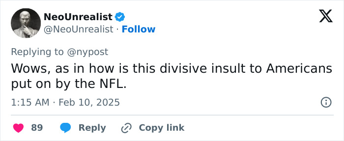 Tweet criticizing national anthem performance at Super Bowl LIX, calling it divisive. Tweet criticizing national anthem performance at Super Bowl LIX, calling it divisive.