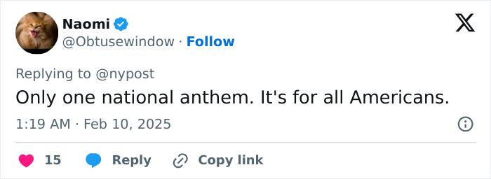 Tweet about the national anthem, highlighting unity for all Americans during Super Bowl LIX. Tweet about the national anthem, highlighting unity for all Americans during Super Bowl LIX.
