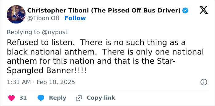 Tweet criticizing national anthem performance at Super Bowl LIX, discussing views on the anthem's significance. Tweet criticizing national anthem performance at Super Bowl LIX, discussing views on the anthem's significance.