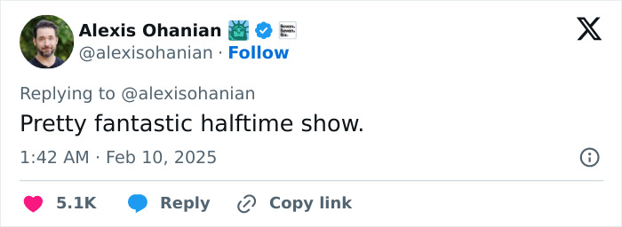 Alexis Ohanian tweets a positive review of the Super Bowl halftime show, related to Stephen A. Smith's comments. Alexis Ohanian tweets a positive review of the Super Bowl halftime show, related to Stephen A. Smith's comments.