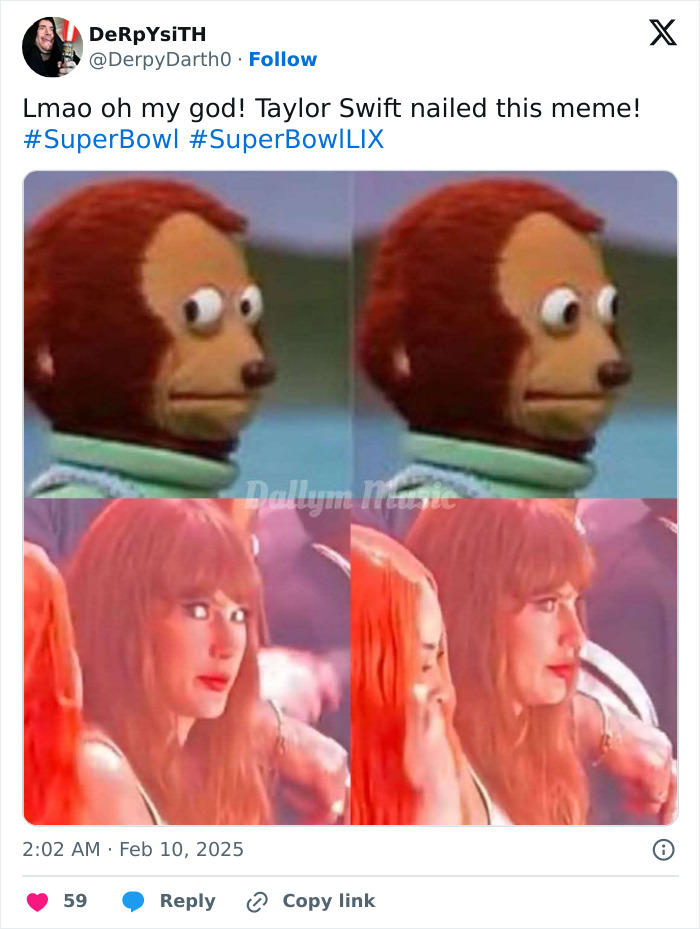Taylor Swift reacts humorously in meme format to being booed at Super Bowl, becoming a viral sensation. Taylor Swift reacts humorously in meme format to being booed at Super Bowl, becoming a viral sensation.