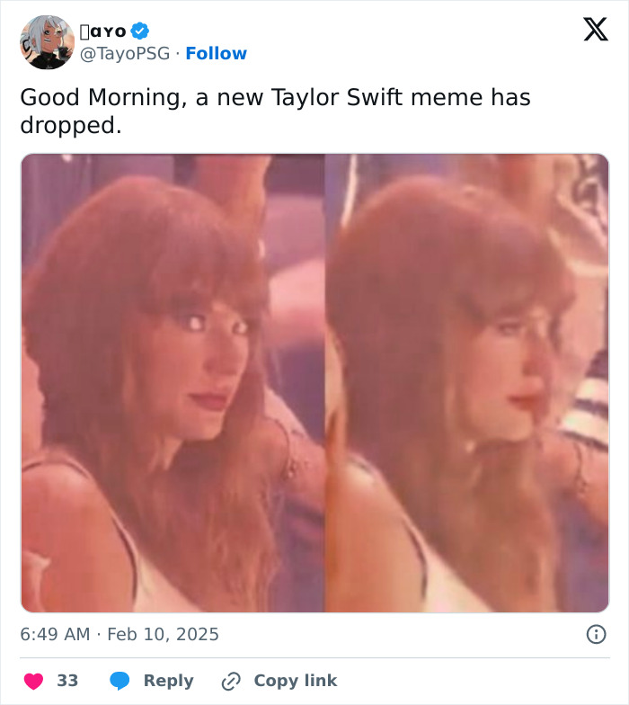 Taylor Swift reacts humorously, inspiring a viral meme at the Super Bowl. Taylor Swift reacts humorously, inspiring a viral meme at the Super Bowl.