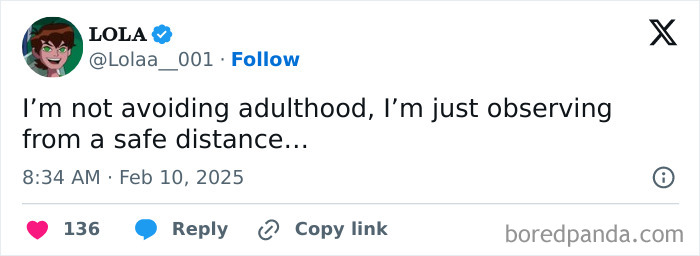 Tweet humorously observing adulthood from a distance, with user avatar and engagement icons visible.