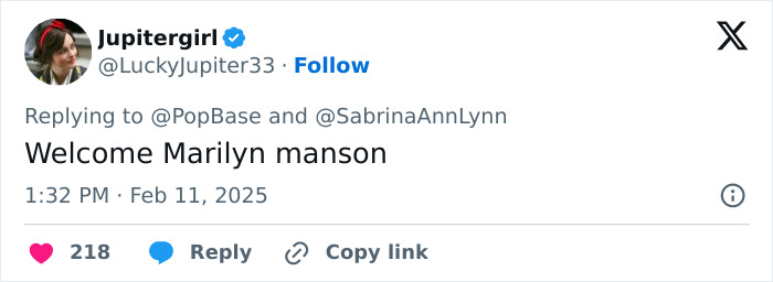 Screenshot of a tweet responding to Sabrina Carpenter’s Vogue photos with a humorous comment. Screenshot of a tweet responding to Sabrina Carpenter’s Vogue photos with a humorous comment.