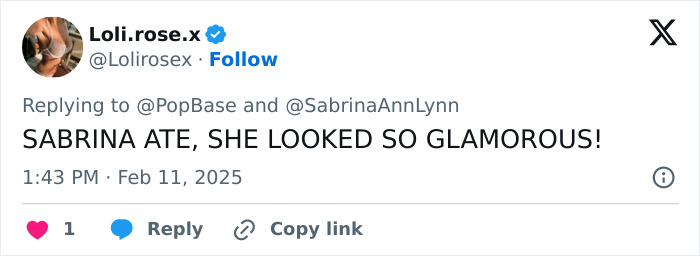 Tweet praising Sabrina Carpenter for looking glamorous in Vogue photos. Tweet praising Sabrina Carpenter for looking glamorous in Vogue photos.