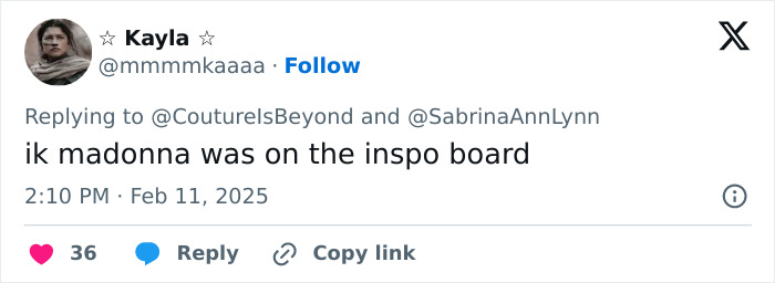 Tweet mentioning Sabrina Carpenter, sharing thoughts on her new Vogue photos and their inspiration from Madonna. Tweet mentioning Sabrina Carpenter, sharing thoughts on her new Vogue photos and their inspiration from Madonna.