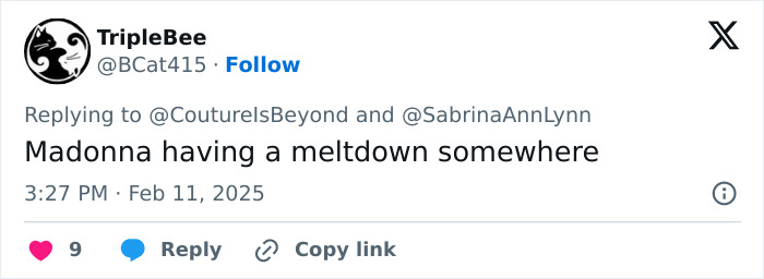 A tweet referencing Sabrina Carpenter's Vogue photos, suggesting a dramatic reaction. A tweet referencing Sabrina Carpenter's Vogue photos, suggesting a dramatic reaction.