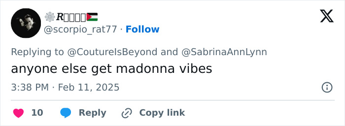 Tweet mentioning Sabrina Carpenter's new Vogue photos, user comments "anyone else get madonna vibes. Tweet mentioning Sabrina Carpenter's new Vogue photos, user comments "anyone else get madonna vibes.