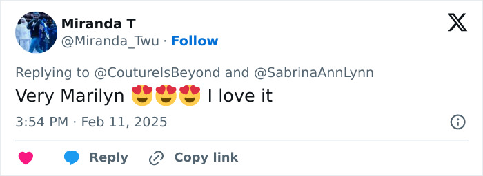 A tweet praising Sabrina Carpenter's Vogue photos with heart-eye emojis, calling it "Very Marilyn. A tweet praising Sabrina Carpenter's Vogue photos with heart-eye emojis, calling it "Very Marilyn.