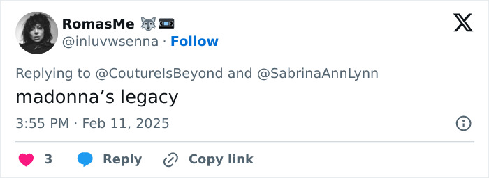 Tweet mentioning "madonna's legacy" in a discussion involving Sabrina Carpenter. Tweet mentioning "madonna's legacy" in a discussion involving Sabrina Carpenter.