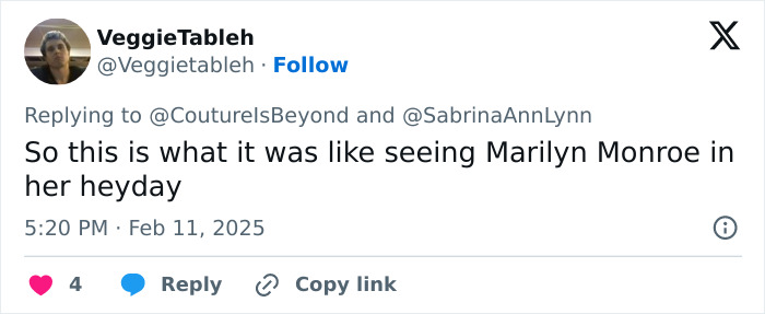 User tweet comparing Sabrina Carpenter's Vogue photos to Marilyn Monroe. User tweet comparing Sabrina Carpenter's Vogue photos to Marilyn Monroe.
