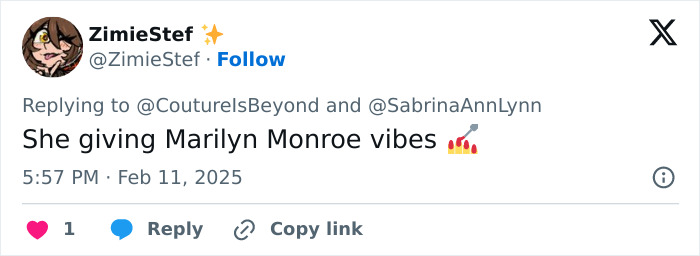 Sabrina Carpenter tweet with Marilyn Monroe vibes comment and fire emoji. Sabrina Carpenter tweet with Marilyn Monroe vibes comment and fire emoji.