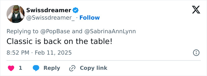 Tweet by Swissdreamer reacting to Sabrina Carpenter’s new Vogue photos, stating "Classic is back on the table! Tweet by Swissdreamer reacting to Sabrina Carpenter’s new Vogue photos, stating "Classic is back on the table!