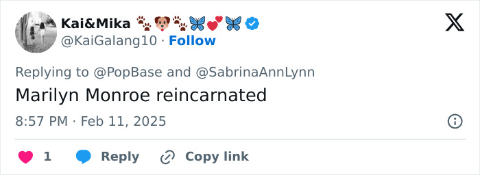 Tweet about Sabrina Carpenter's photos compared to Marilyn Monroe, posted by user Kai&Mika. Tweet about Sabrina Carpenter's photos compared to Marilyn Monroe, posted by user Kai&Mika.