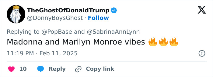 Tweet reacting to Sabrina Carpenter’s Vogue photos, suggesting Madonna and Marilyn Monroe vibes with fire emojis. Tweet reacting to Sabrina Carpenter’s Vogue photos, suggesting Madonna and Marilyn Monroe vibes with fire emojis.