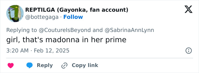 Tweet reacting to Sabrina Carpenter's Vogue photos, comparing her to Madonna. Tweet reacting to Sabrina Carpenter's Vogue photos, comparing her to Madonna.