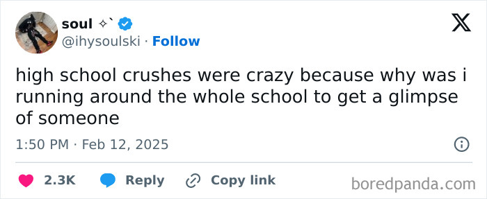 Tweet about high school crushes and running around school, highlighting youthful enthusiasm.