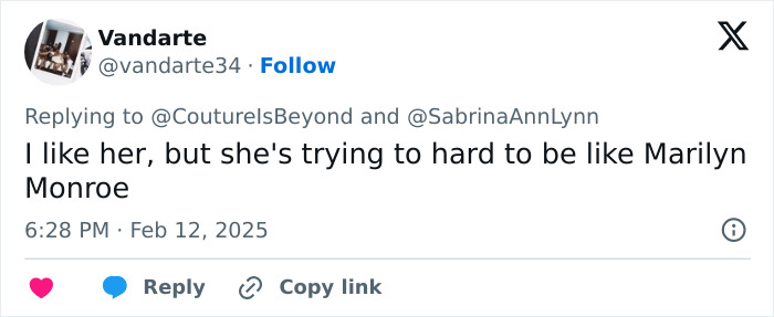 Tweet about Sabrina Carpenter's Vogue photos, mentioning she's "trying too hard" to emulate Marilyn Monroe. Tweet about Sabrina Carpenter's Vogue photos, mentioning she's "trying too hard" to emulate Marilyn Monroe.