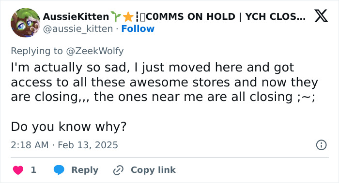 Tweet expressing sadness over Joann Fabric and Craft store closures and asking for the reason. Tweet expressing sadness over Joann Fabric and Craft store closures and asking for the reason.