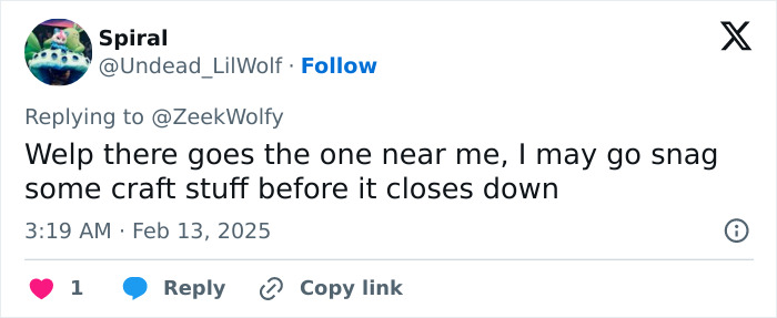 Tweet about Joann fabric and craft retailer store closures, discussing buying craft items before closure. Tweet about Joann fabric and craft retailer store closures, discussing buying craft items before closure.