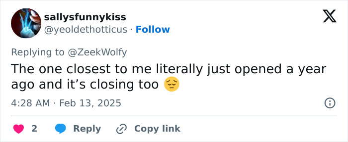 Tweet expressing concern over a nearby Joann fabric and craft store closure with a sad emoji. Tweet expressing concern over a nearby Joann fabric and craft store closure with a sad emoji.