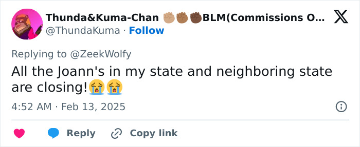 Tweet about Joann Fabric store closures, expressing sadness over upcoming local closures with crying emojis. Tweet about Joann Fabric store closures, expressing sadness over upcoming local closures with crying emojis.