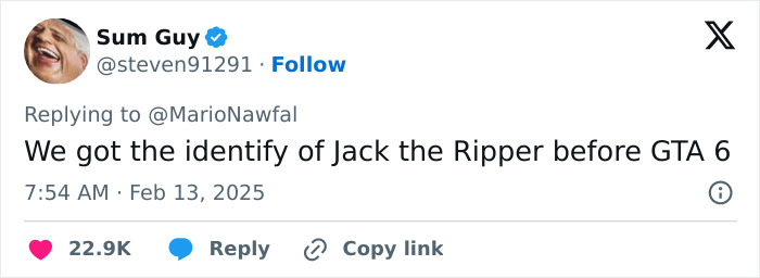 Tweet joking about Jack the Ripper's identity revealed before GTA 6 release, gaining 22.9K likes. Tweet joking about Jack the Ripper's identity revealed before GTA 6 release, gaining 22.9K likes.