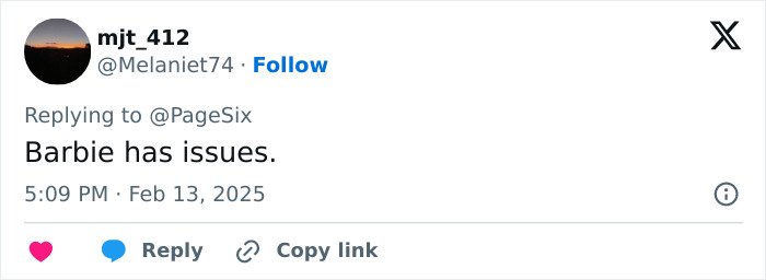Tweet response about Kim Kardashian's body after wearing a Met Gala corset, saying "Barbie has issues. Tweet response about Kim Kardashian's body after wearing a Met Gala corset, saying "Barbie has issues.