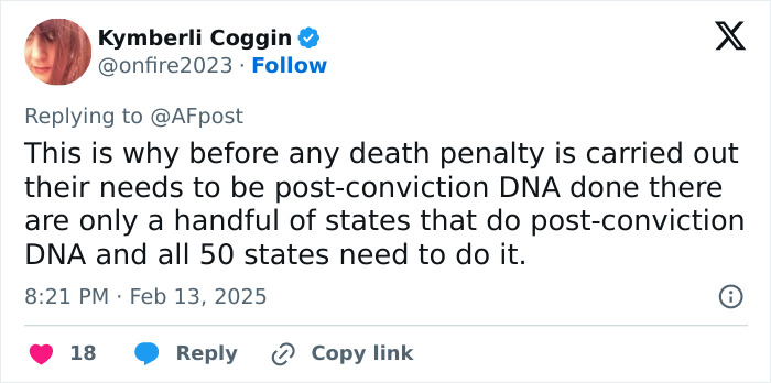 Tweet calling for post-conviction DNA testing before death penalties, referencing Jack the Ripper case resolution. Tweet calling for post-conviction DNA testing before death penalties, referencing Jack the Ripper case resolution.