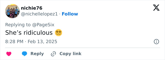 Tweet from nichie76 calling Kim Kardashian ridiculous with emoji on February 13, 2025. Tweet from nichie76 calling Kim Kardashian ridiculous with emoji on February 13, 2025.
