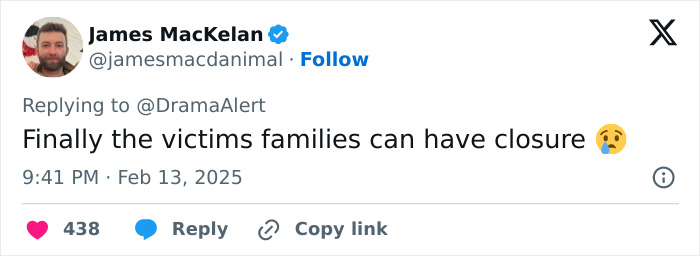 James MacKelan tweet expressing relief for closure in Jack the Ripper case, dated February 13, 2025. James MacKelan tweet expressing relief for closure in Jack the Ripper case, dated February 13, 2025.