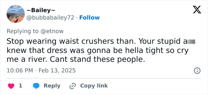 Tweet criticizing the discomfort caused by tight waist corsets at the Met Gala. Tweet criticizing the discomfort caused by tight waist corsets at the Met Gala.