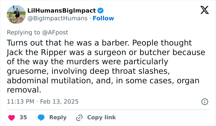 Tweet discussing Jack the Ripper possibly being a barber, contradicting surgeon or butcher theories due to gruesome murders. Tweet discussing Jack the Ripper possibly being a barber, contradicting surgeon or butcher theories due to gruesome murders.