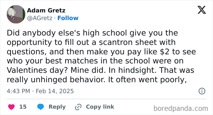 Tweet about unhinged high school scantron matchmaking on Valentine's Day by Adam Gretz.