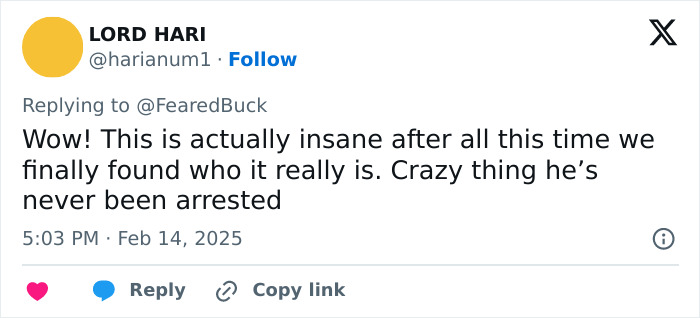 Tweet reacting to Jack the Ripper's identity possibly revealed through DNA, expressing disbelief over lack of arrest. Tweet reacting to Jack the Ripper's identity possibly revealed through DNA, expressing disbelief over lack of arrest.