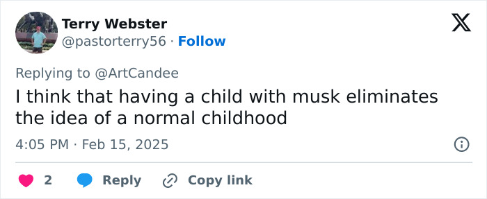 Tweet about having a child with Musk and childhood norms. Tweet about having a child with Musk and childhood norms.